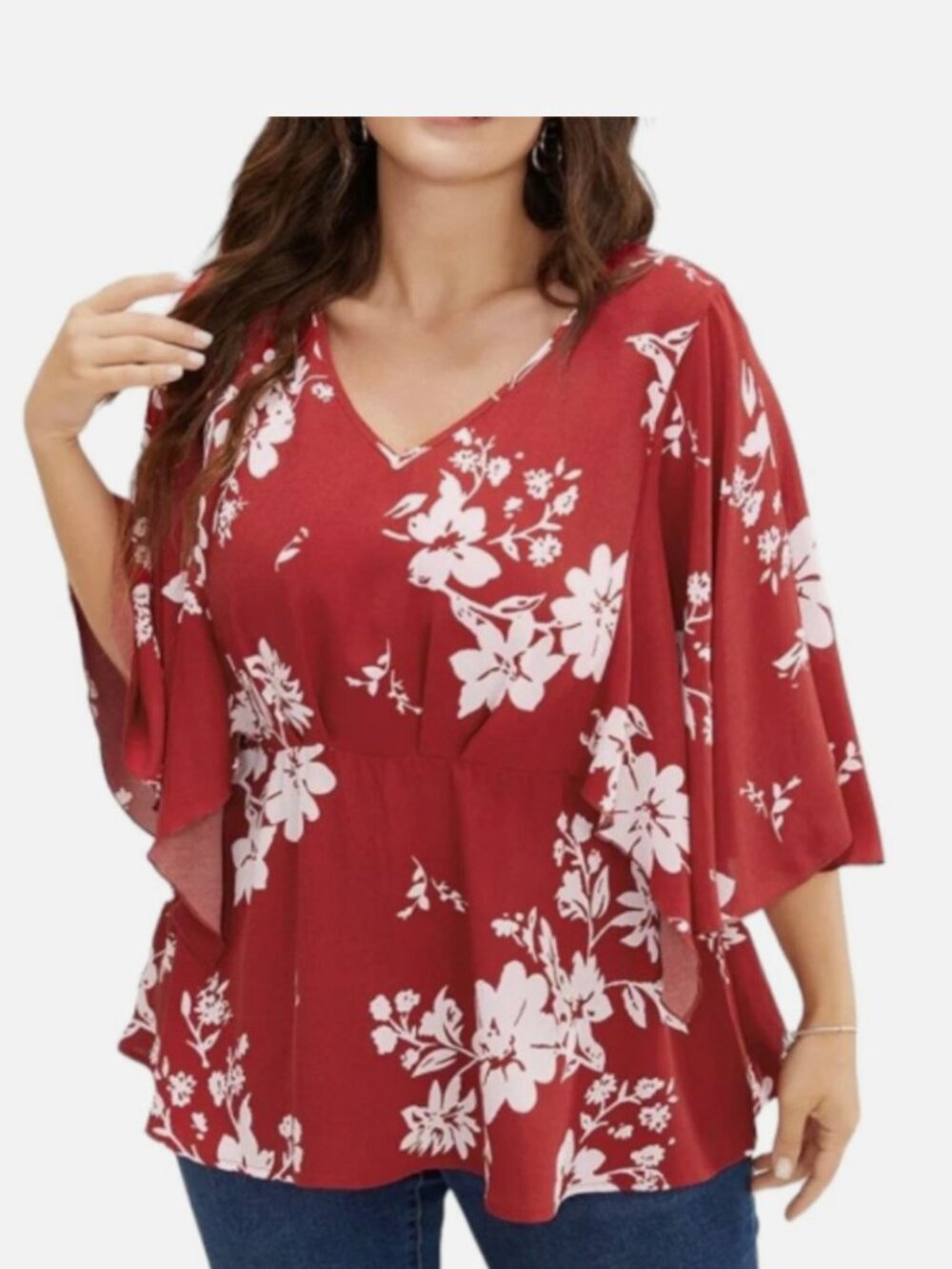Bloomchic Women's 12/Large Floral Printed Flutter Sleeve V-Neck Blouse Scarlet